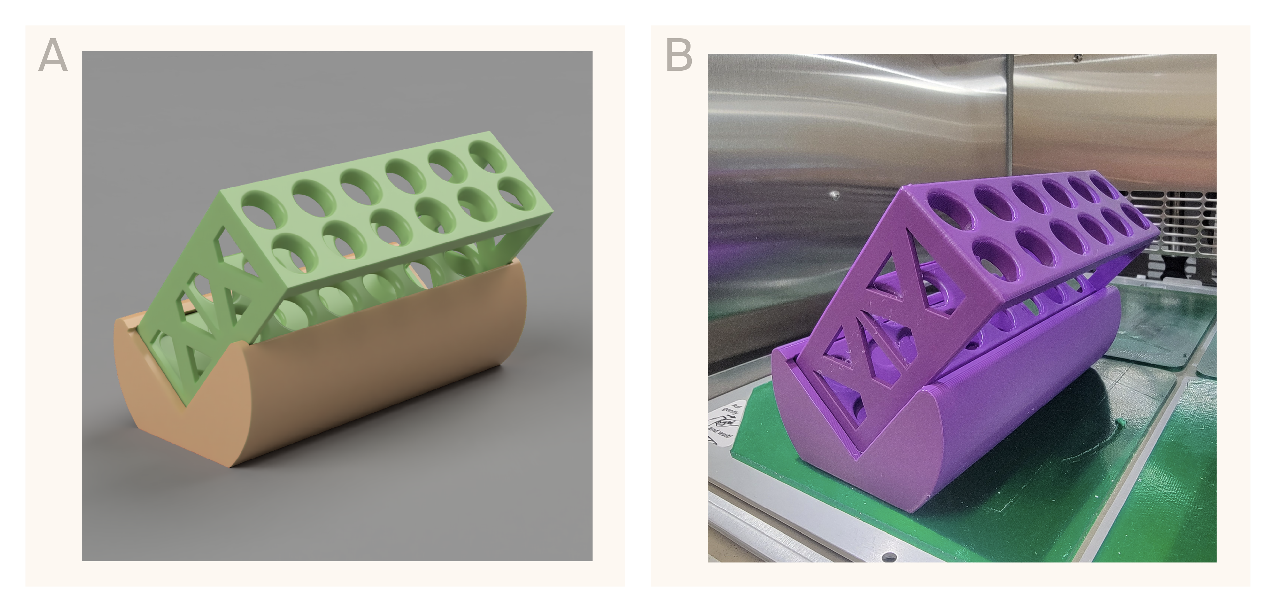 Rendering (A) and photograph (B) of our 3D-printable angled tube rack.